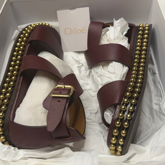 Chloé Burgundy Crisscross Leather Platform Sandals with Gold Bead Trim - Picture 12 of 12